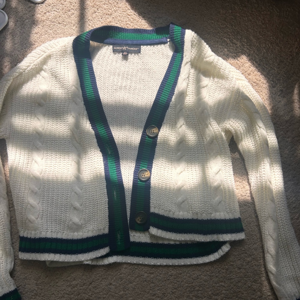 Cable Knit Cardigan with Green & Navy Trim